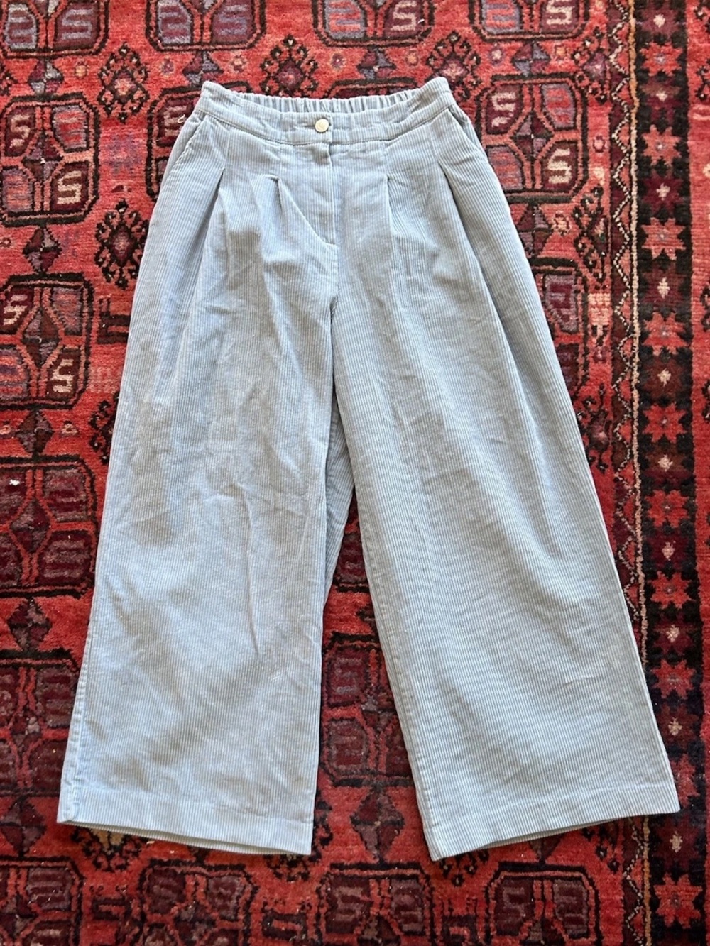 Vintage Baby Blue Corduroy Wide Leg Pants Elastic Waist Cottagecore Boho Size 2